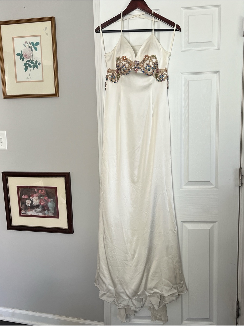 Y2K Silk White Ivory Beaded criss cross Spaghetti Strap open back Gown